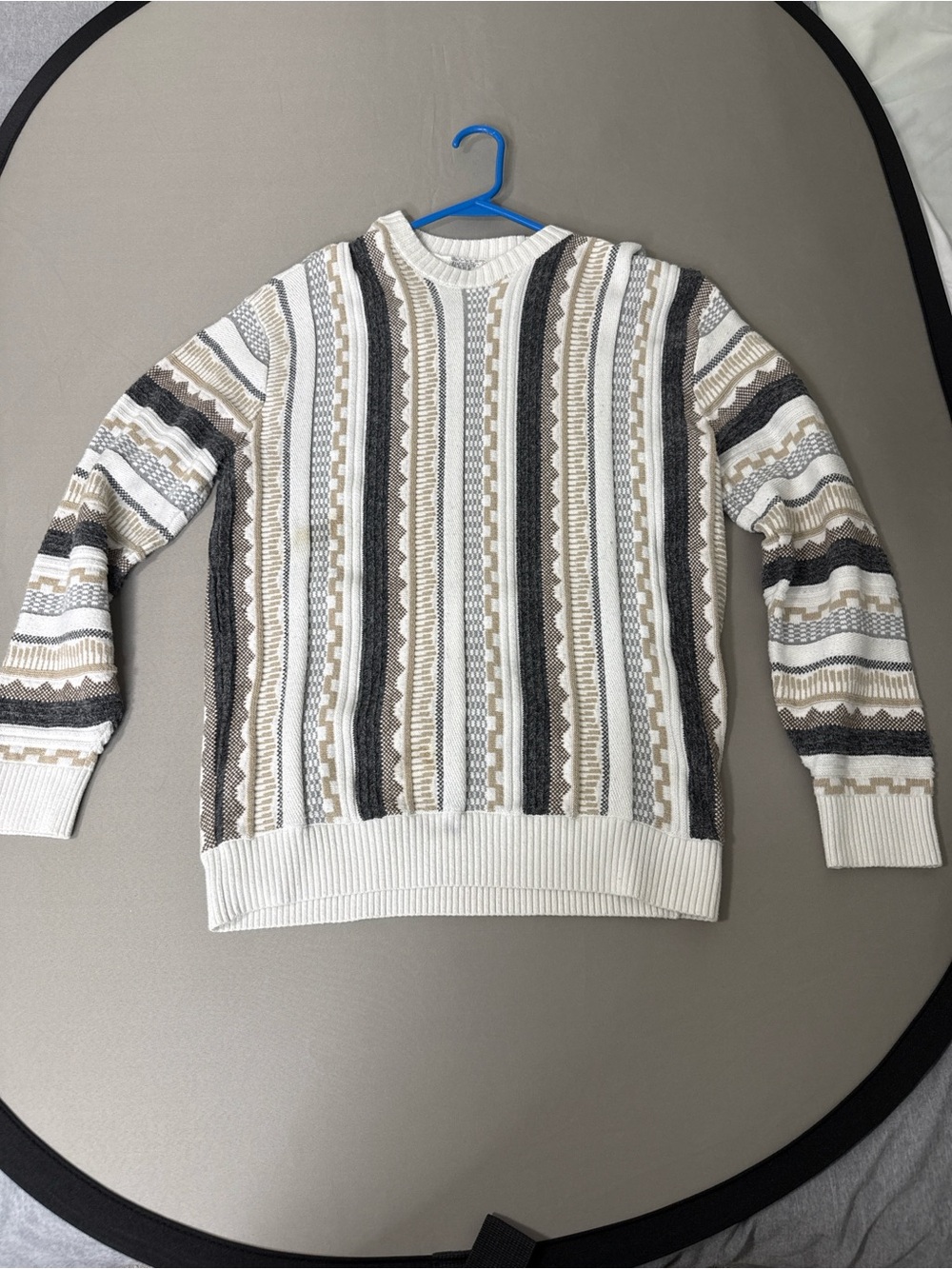 Hollister Striped Textured Crewneck Sweater in White, Gray & Tan